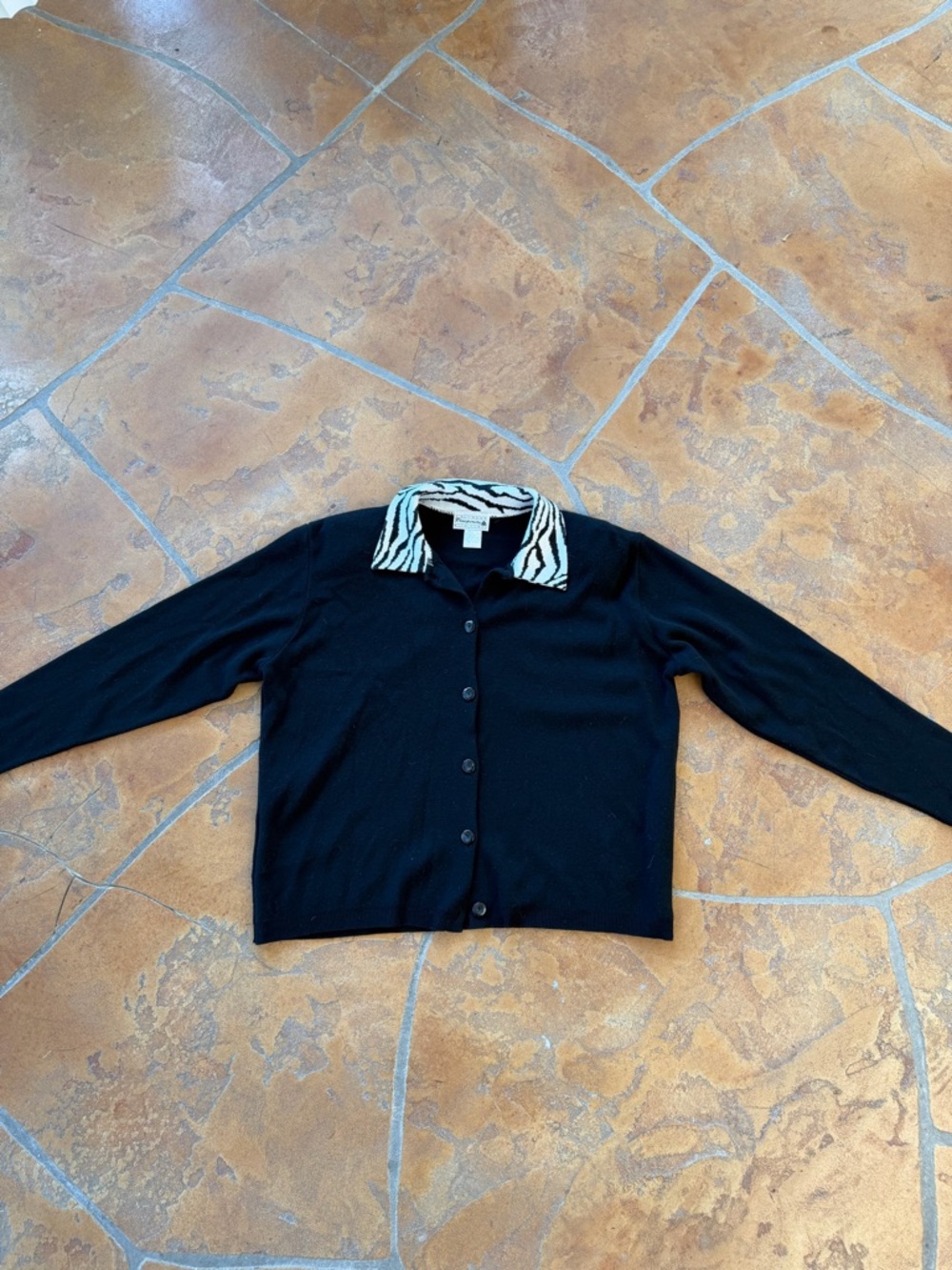 Vintage Prosperity Black Knit Cardigan Sweater Zebra Print Collar Button down XL